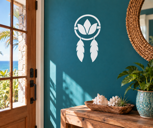 Dreamcatcher vinyl decal with lotus center and three hanging feathers, white
