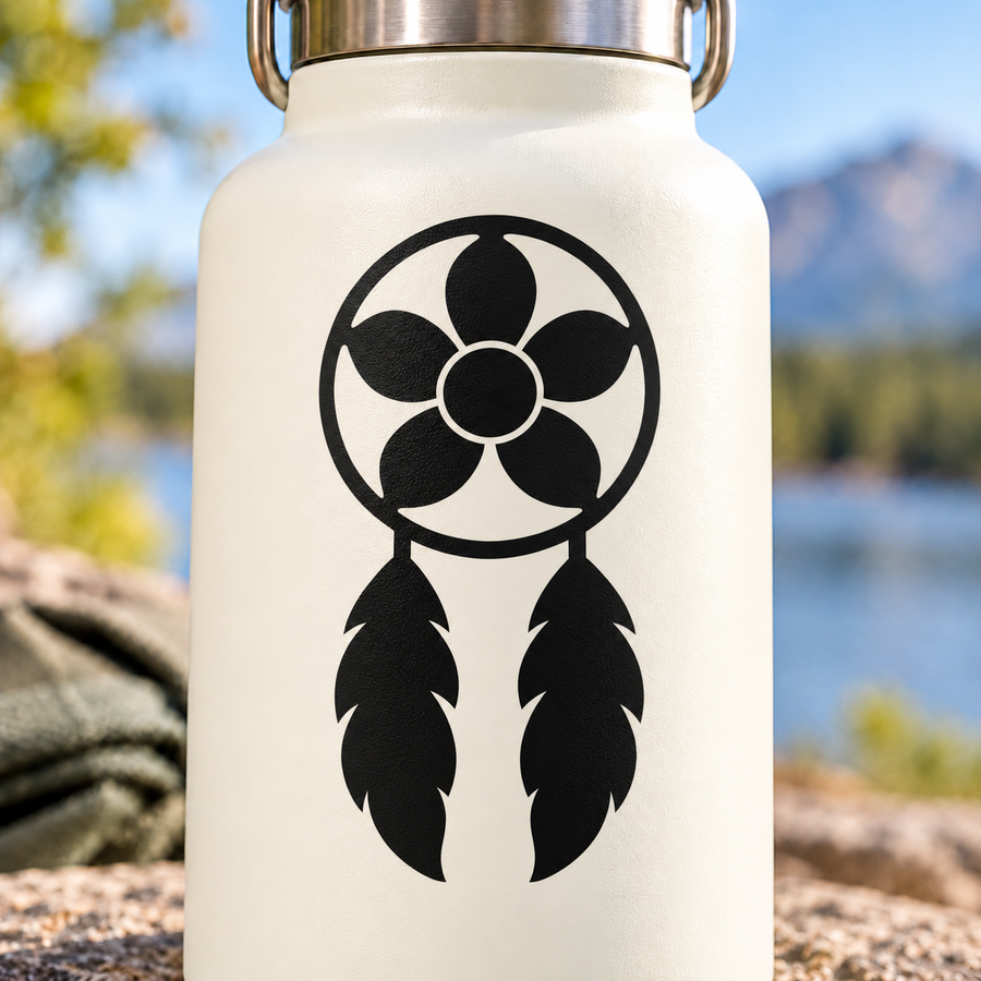 Black dreamcatcher vinyl decal with flower-like ring and hanging feathers