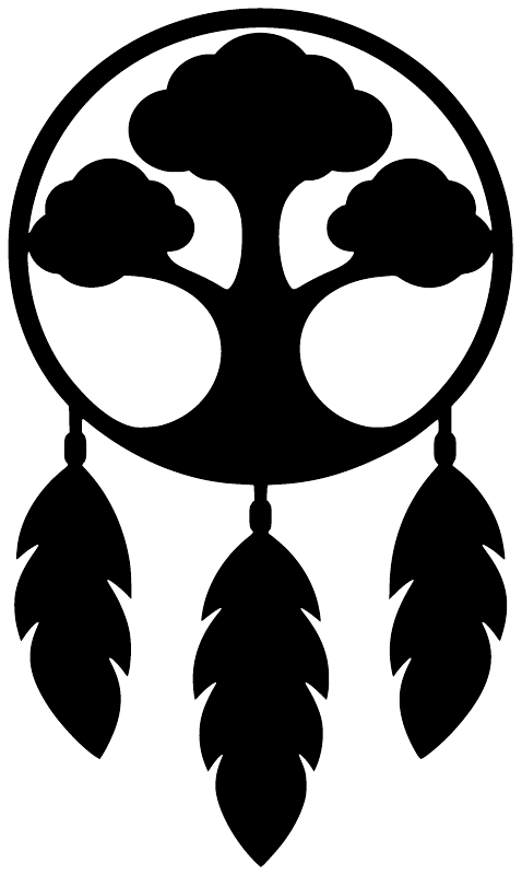 Tree canopy dreamcatcher vinyl decal, black tree silhouette with three feather drops on white circle