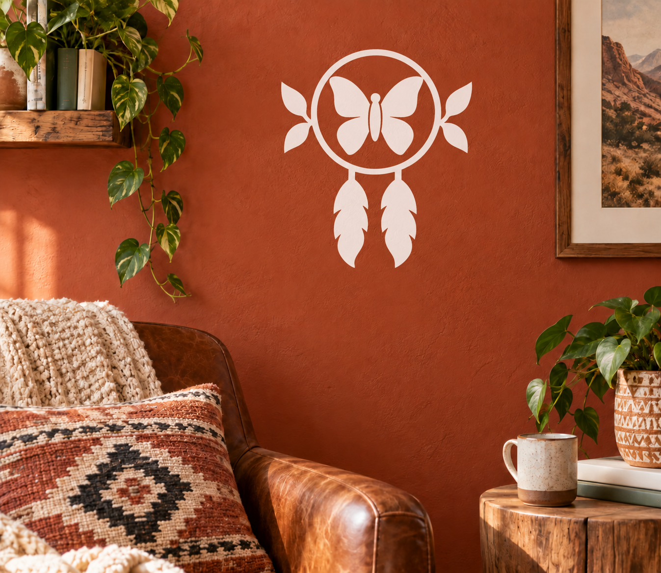 Dreamcatcher vinyl decal with round hoop, butterfly, and feather drops in white