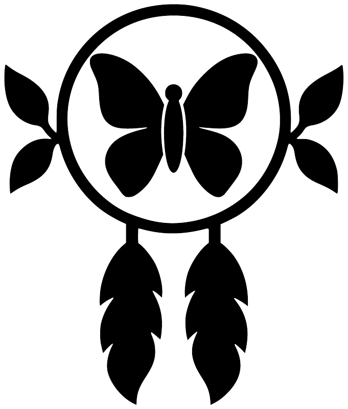 Dreamcatcher vinyl decal close-up with butterfly and two feather strands, black on white