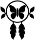 Dreamcatcher vinyl decal close-up with butterfly and two feather strands, black on white