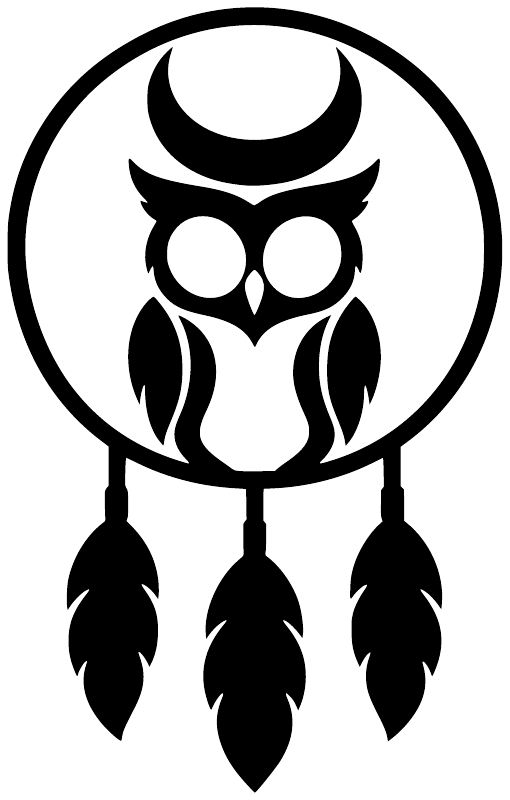 Black owl dreamcatcher vinyl decal: owl with crescent moon, circle, hanging feather shapes