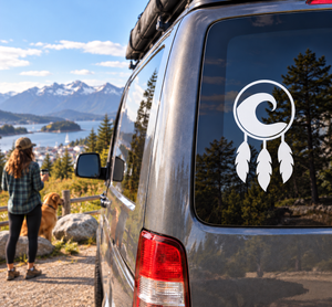Dreamcatcher vinyl decal: white wave swirl circle with three hanging feather shapes