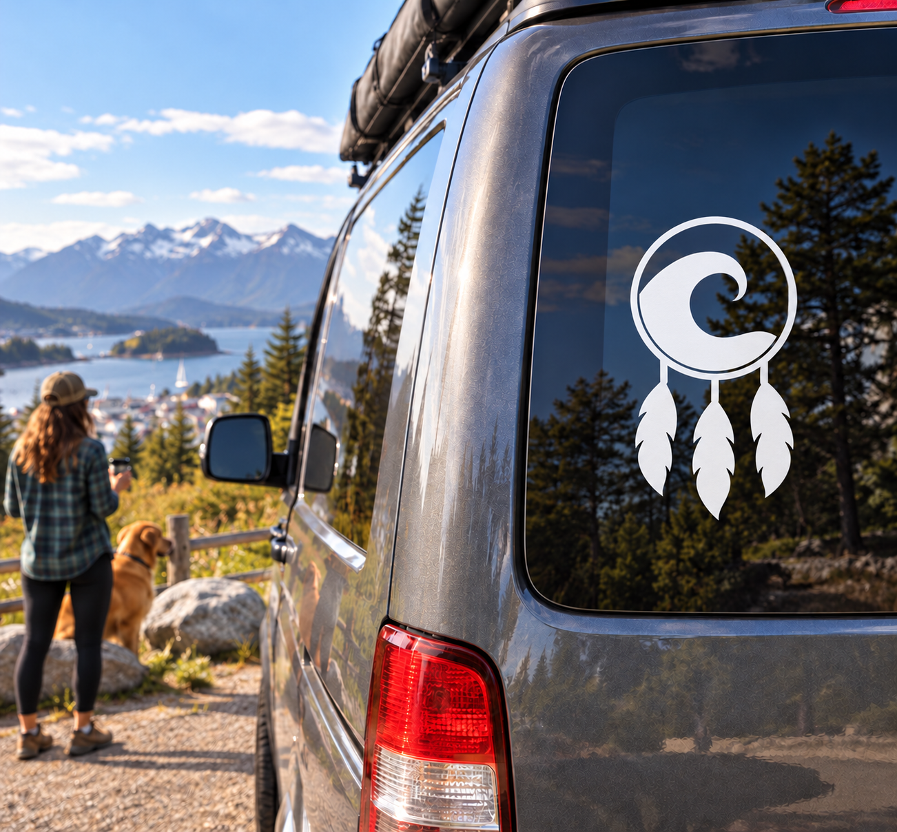 Dreamcatcher vinyl decal: white wave swirl circle with three hanging feather shapes