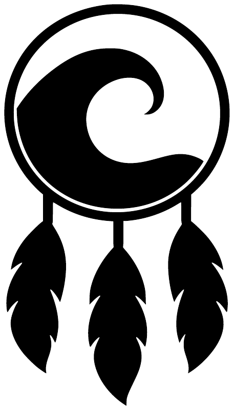 Dreamcatcher vinyl decal: black circle with white wave swirl and three feather drops