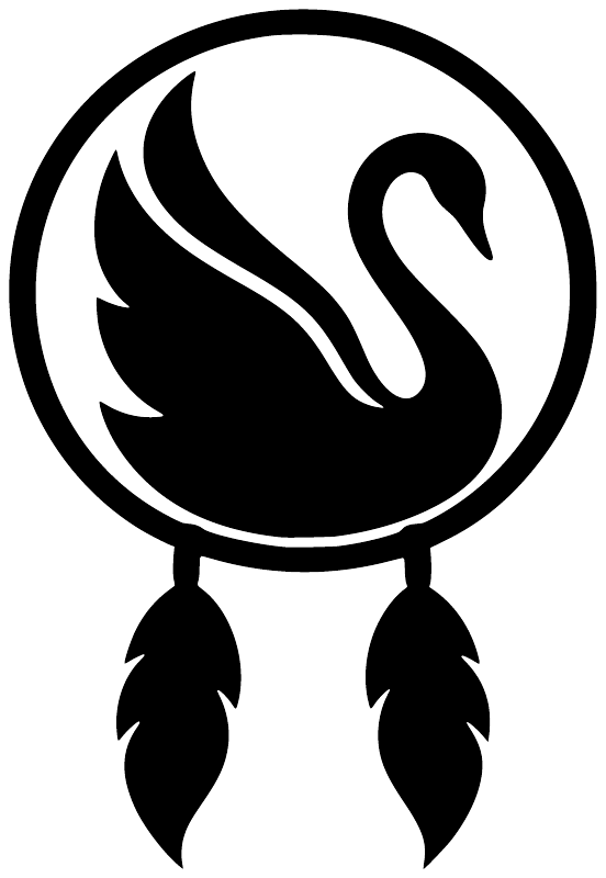 Black swan dreamcatcher vinyl decal close-up: circular ring, swan mark, two feathers