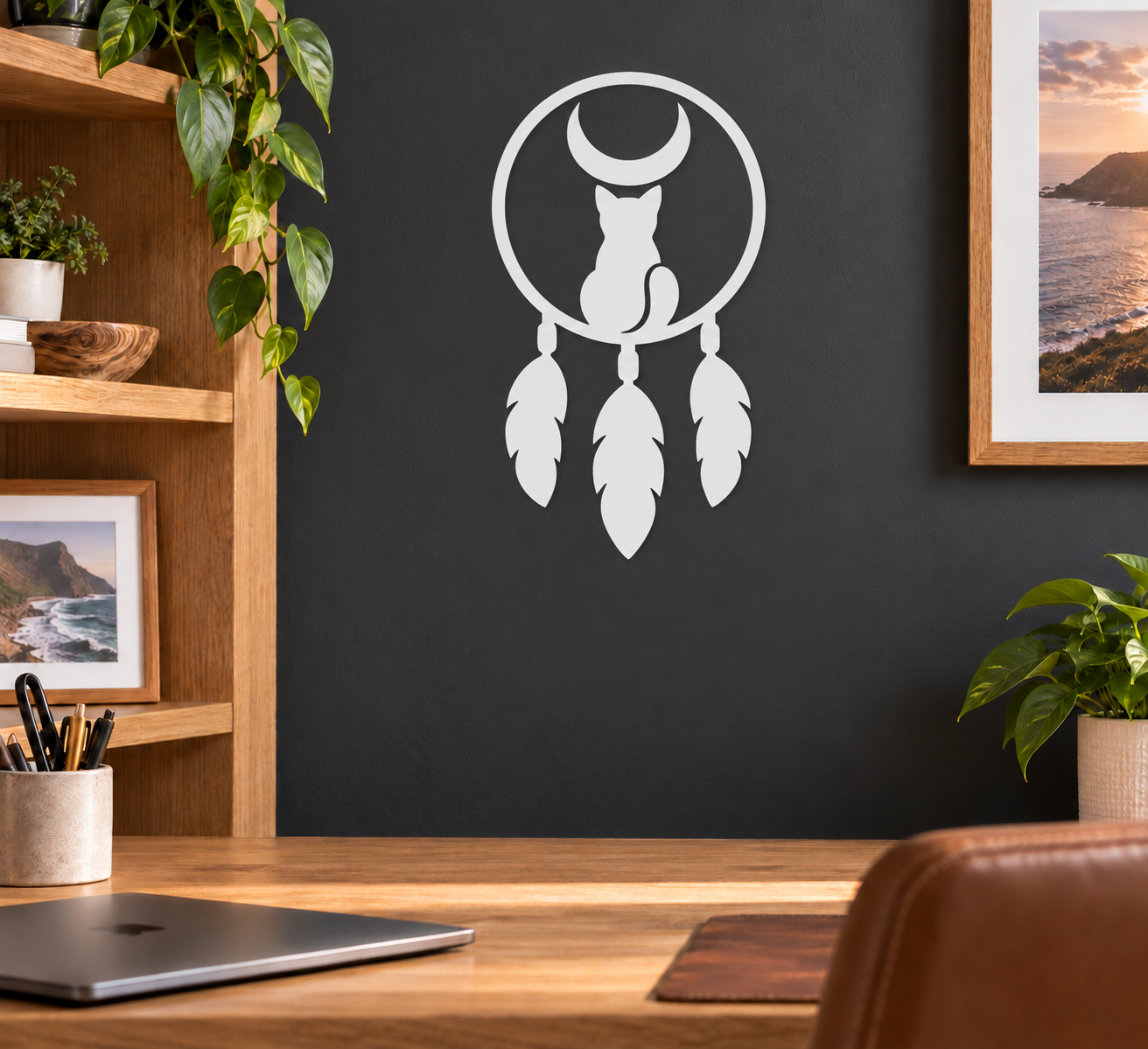 Cat and crescent dreamcatcher vinyl decal, black and white cat silhouette with feathers