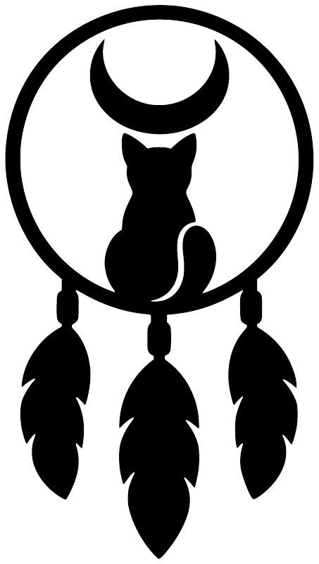 Crescent moon cat dreamcatcher vinyl decal, black silhouette with hanging feather charms