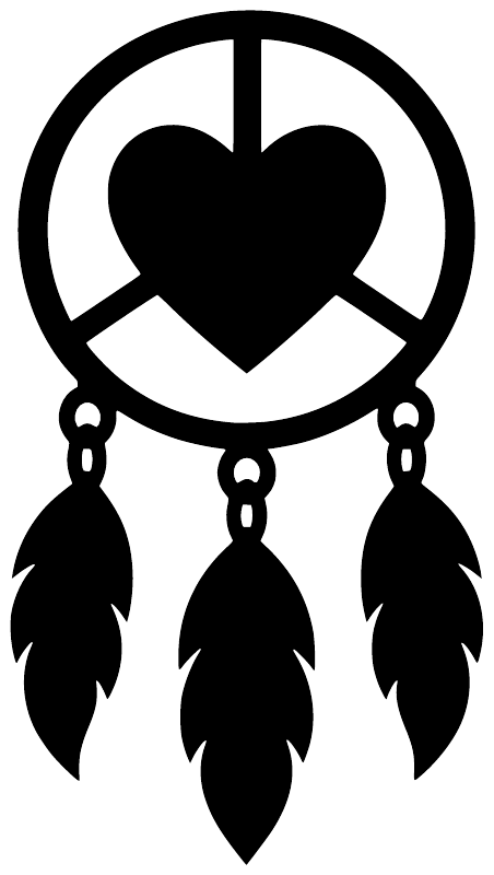 Black and white dreamcatcher decal with heart center, circular web, three feathers
