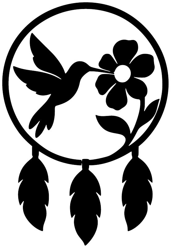 Dreamcatcher vinyl decal in black silhouette: circular ring, hummingbird, flower, and dangling feathers