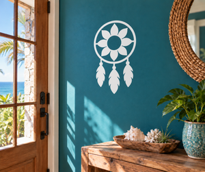 Dreamcatcher vinyl decal with circular floral design and dangling feather shapes