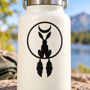 Black hare silhouette dreamcatcher vinyl decal with moon and three feather shapes