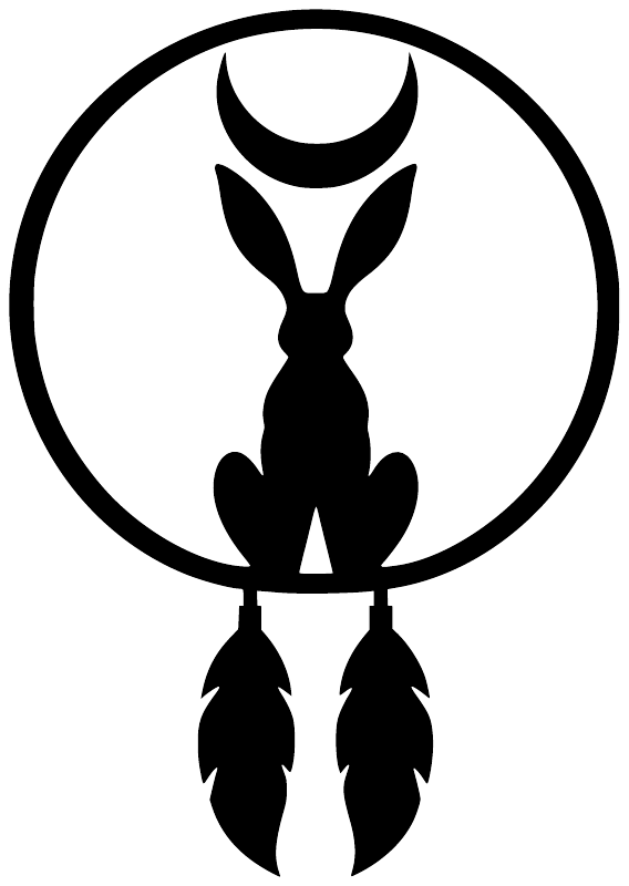 Hare-and-moon dreamcatcher vinyl decal: circular ring, crescent moon, feather drops