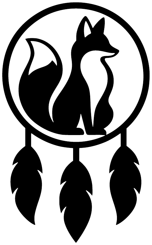 Fox dreamcatcher vinyl decal, black fox in circle with three hanging feathers