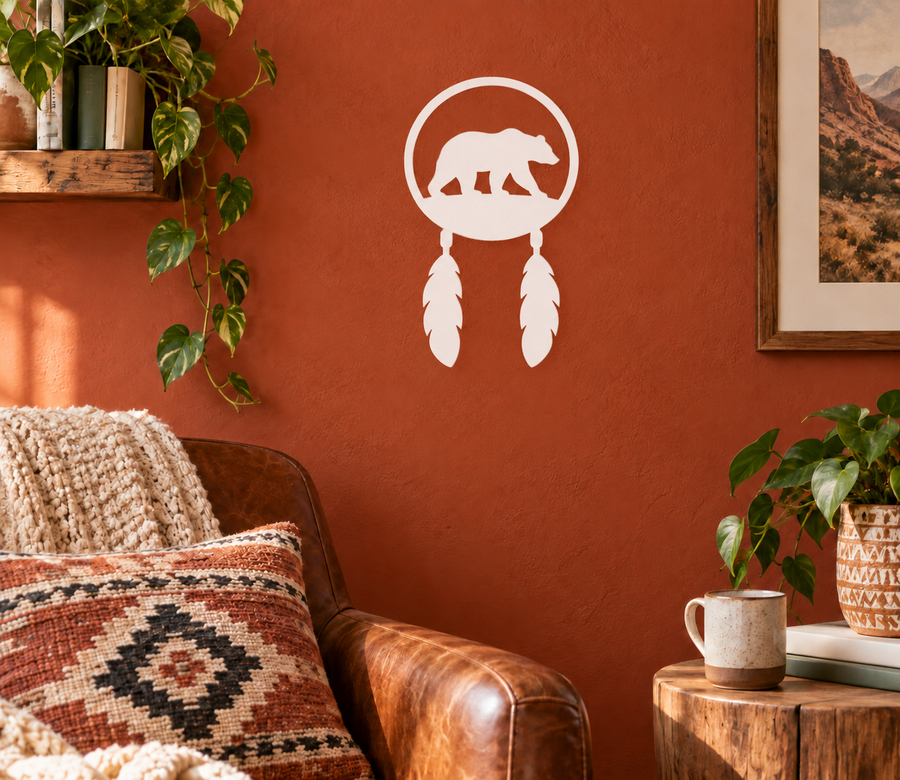 Bear dreamcatcher vinyl decal with circular hoop, bear silhouette and feather drops, white
