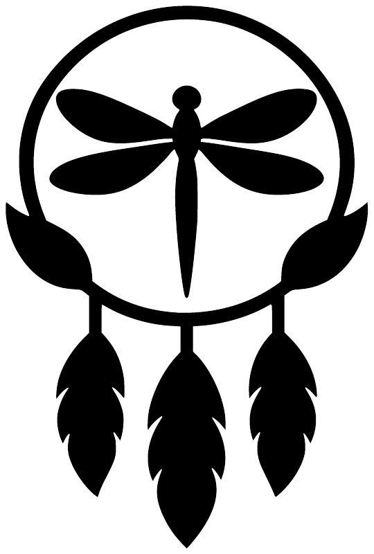 Dreamcatcher vinyl decal icon: black dragonfly silhouette with feather strands on white circle