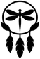 Dreamcatcher vinyl decal icon: black dragonfly silhouette with feather strands on white circle