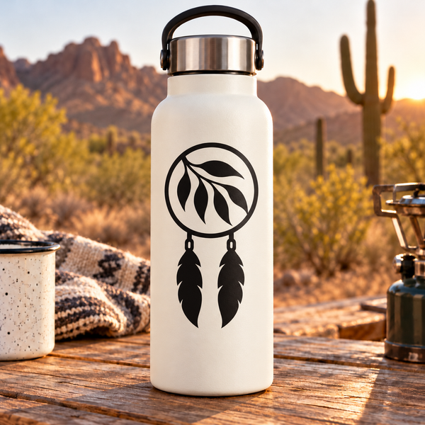 Dreamcatcher vinyl decal: black circular ring with leaf and two hanging feather shapes