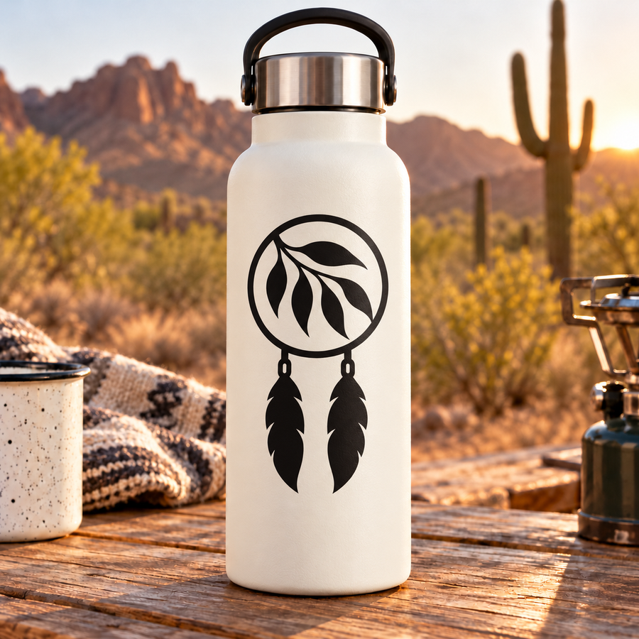 Dreamcatcher vinyl decal: black circular ring with leaf and two hanging feather shapes