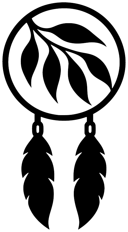 Dreamcatcher vinyl decal close-up: black circular ring with leaf and two hanging feather icons