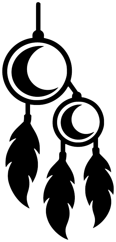 Twin hoop dreamcatcher vinyl decal: black rings with crescent moon and three dangling feathers