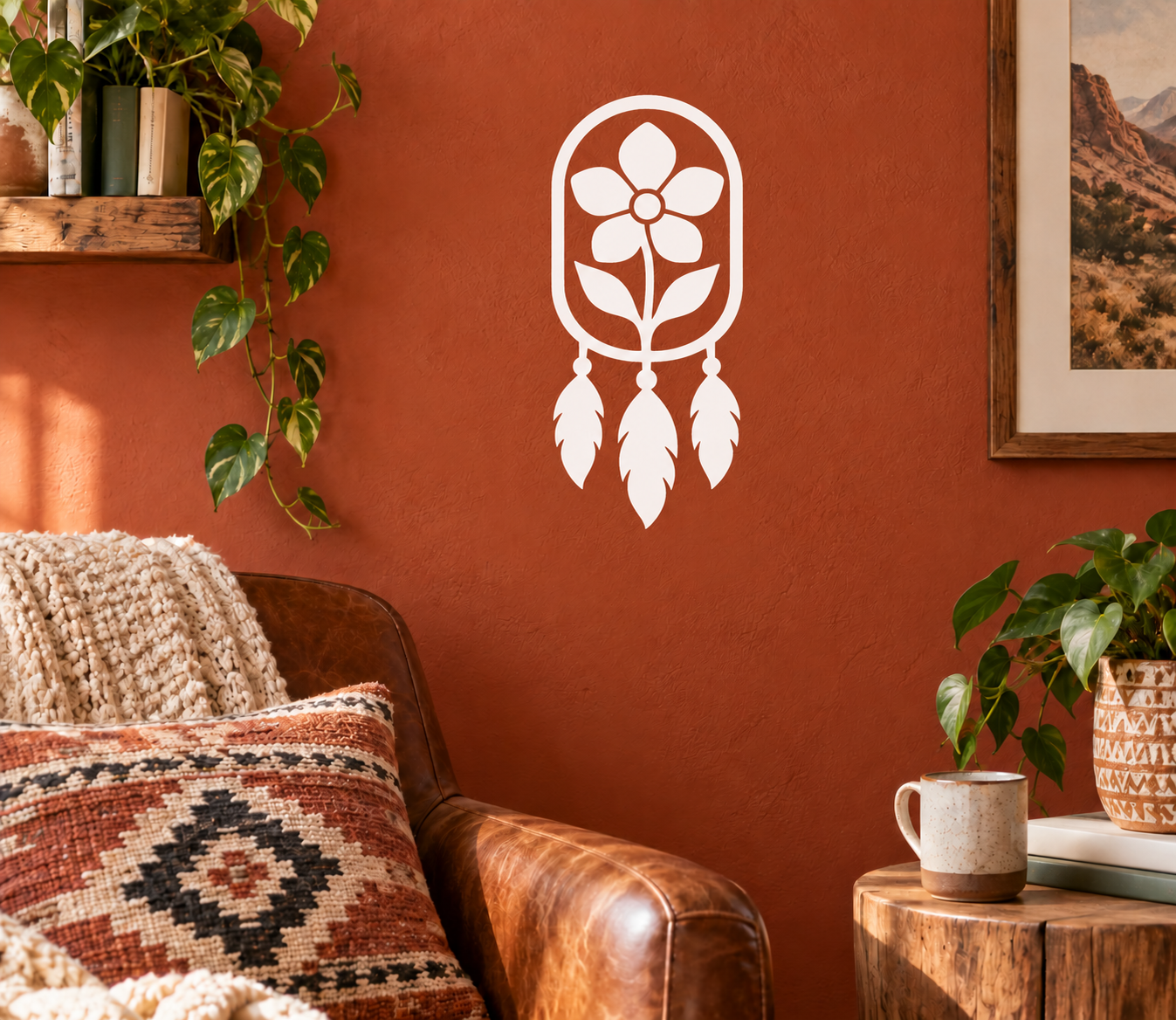 White dreamcatcher vinyl decal with flower center and three feather dangles