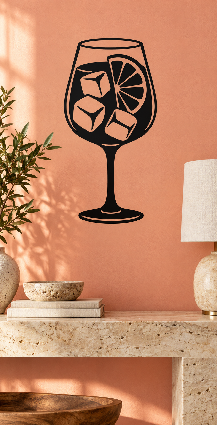Vinyl drink decal of a stemmed glass with citrus slices and ice cubes