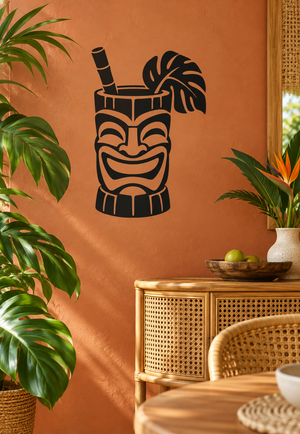 Tropical tiki vinyl drink decal with black tiki mug, straw, and palm leaf