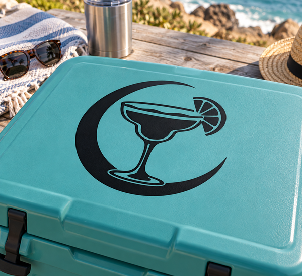 Turquoise drink cooler with black margarita vinyl decal inside a crescent circle