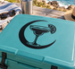 Turquoise drink cooler with black margarita vinyl decal inside a crescent circle