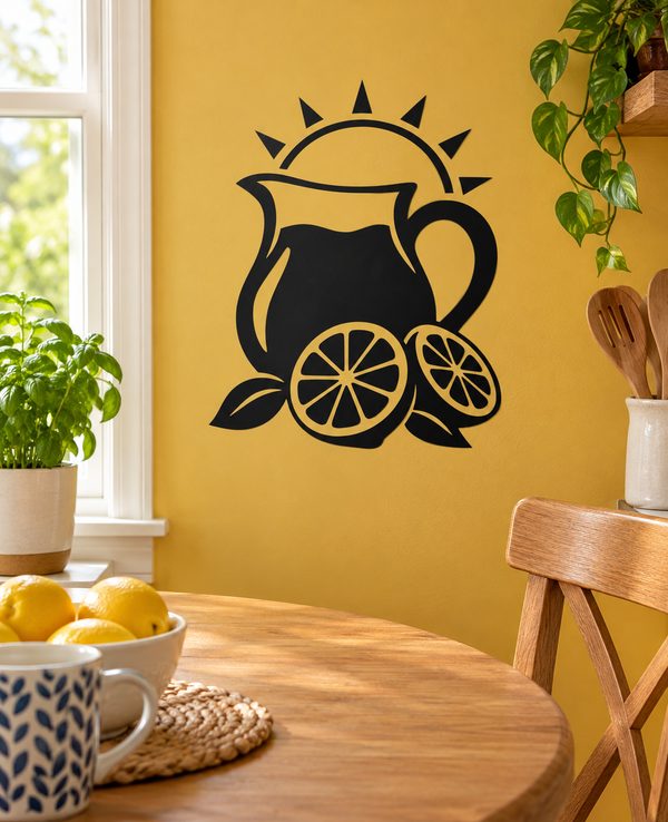 Lemonade pitcher vinyl decal with sun rays, lemon slices, and leaf accents