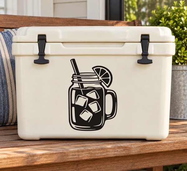 Iced tea mason jar vinyl decal with straw, ice cubes, and lemon slice