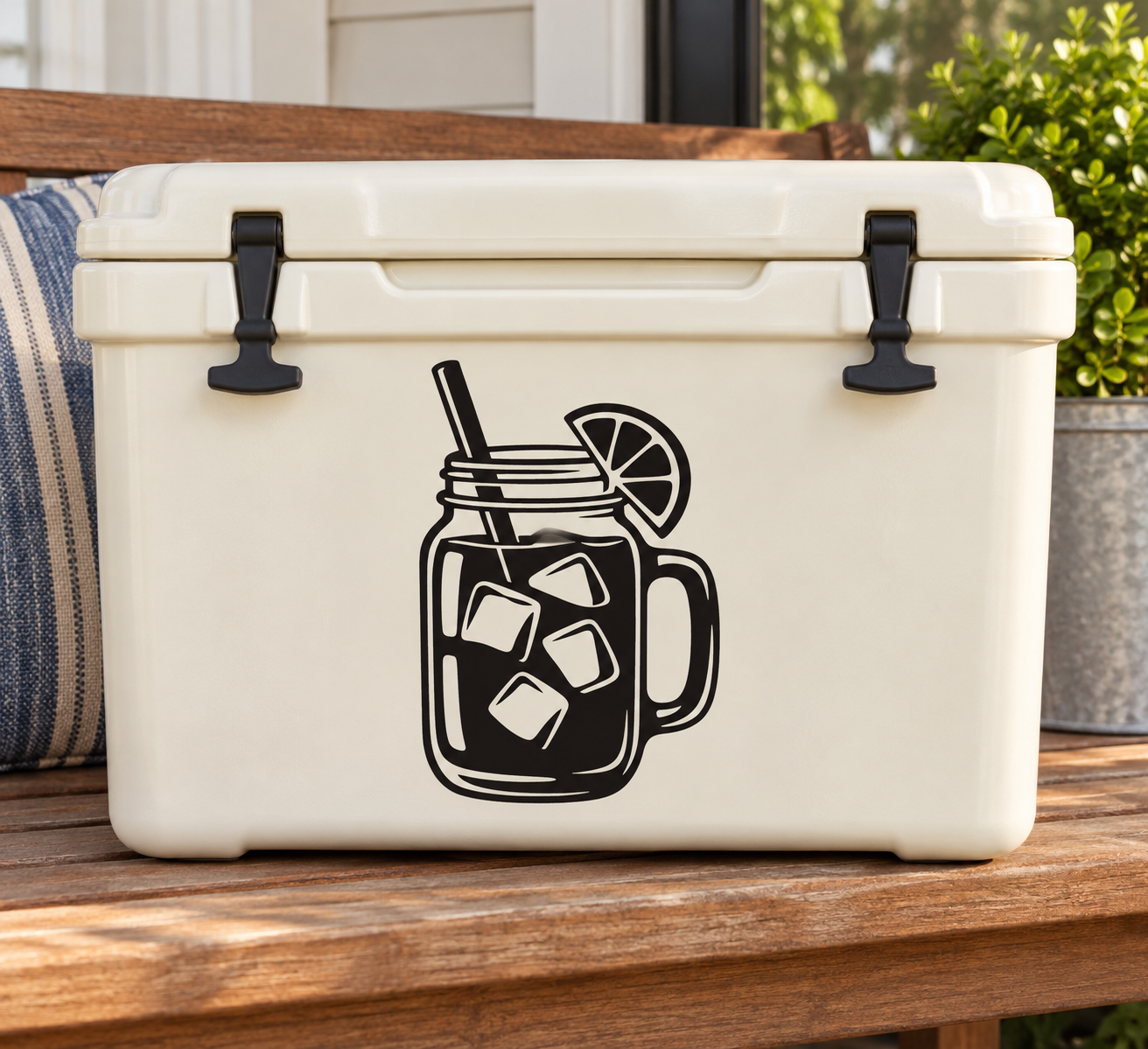 Iced tea mason jar vinyl decal with straw, ice cubes, and lemon slice