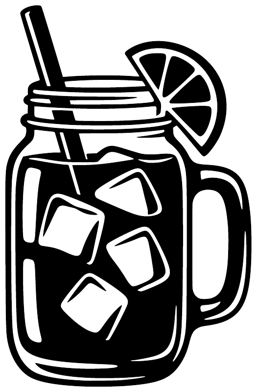 Iced tea mason jar vinyl decal close-up with straw, ice cubes, and lemon slice