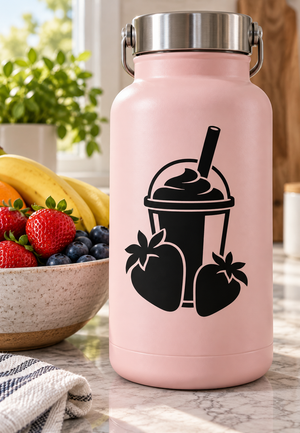 Strawberry smoothie vinyl decal: black smoothie cup with straw and fruit icons