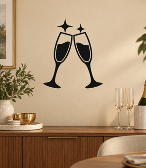 Two champagne flutes toast vinyl decal, black outline with two sparkle stars