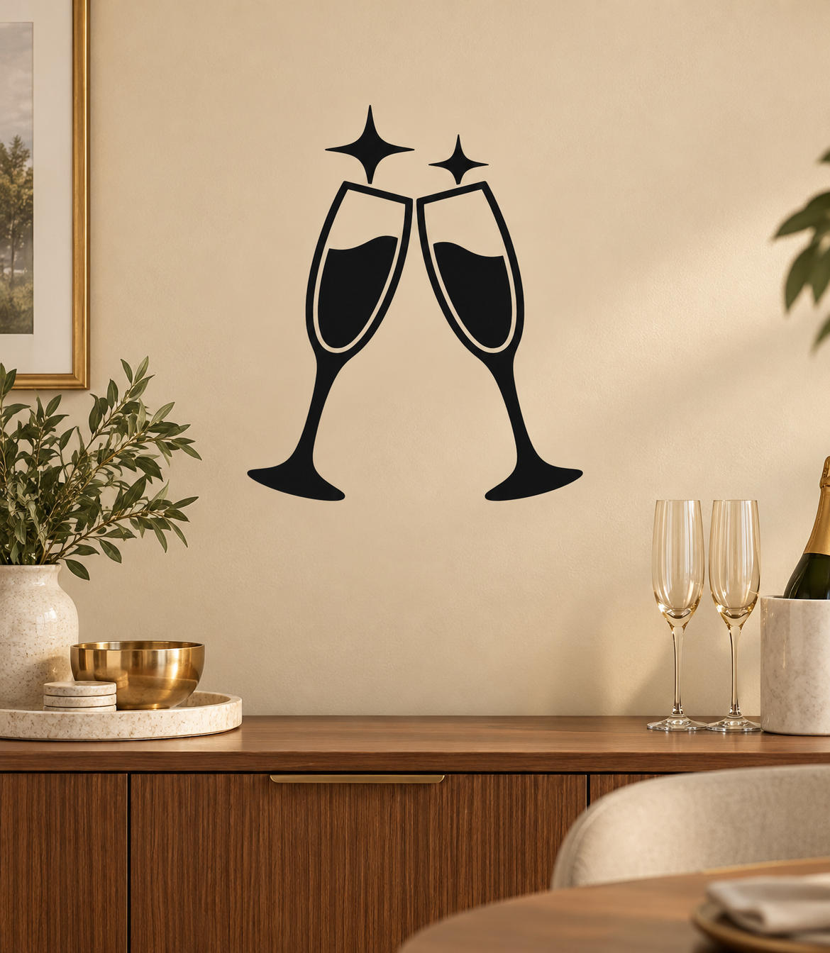 Two champagne flutes toast vinyl decal, black outline with two sparkle stars