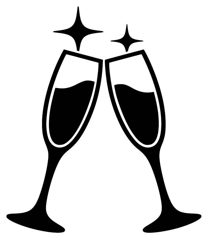 Champagne flutes toast vinyl decal, black silhouette with two star sparkles