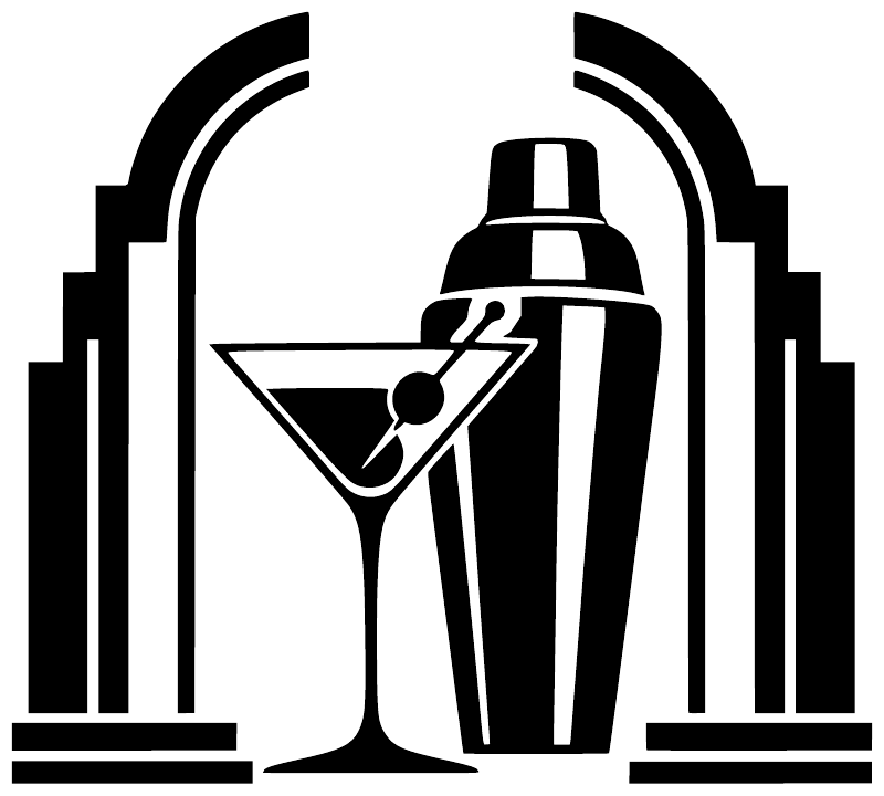 Black vinyl drink decal featuring martini glass and cocktail shaker under arch