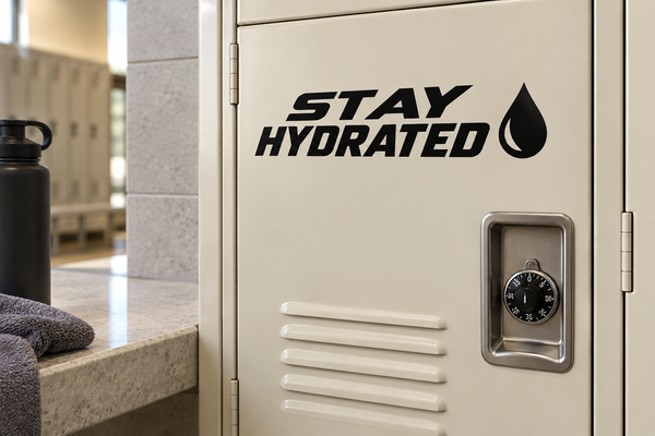 Stay hydrated vinyl decal with bold text and water-drop icon