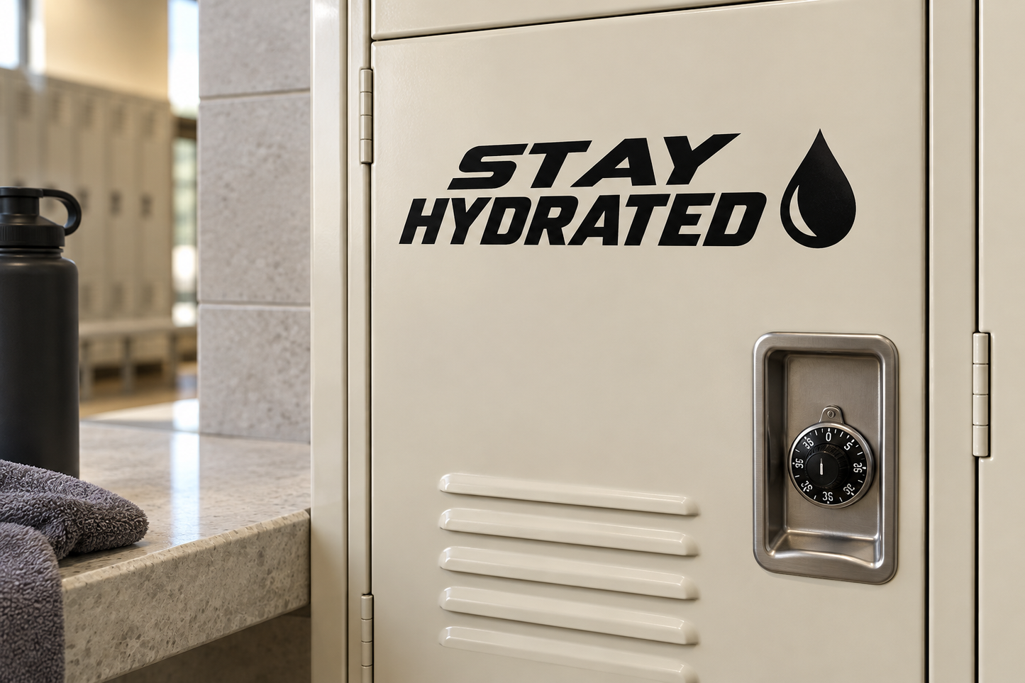 Stay hydrated vinyl decal with bold text and water-drop icon