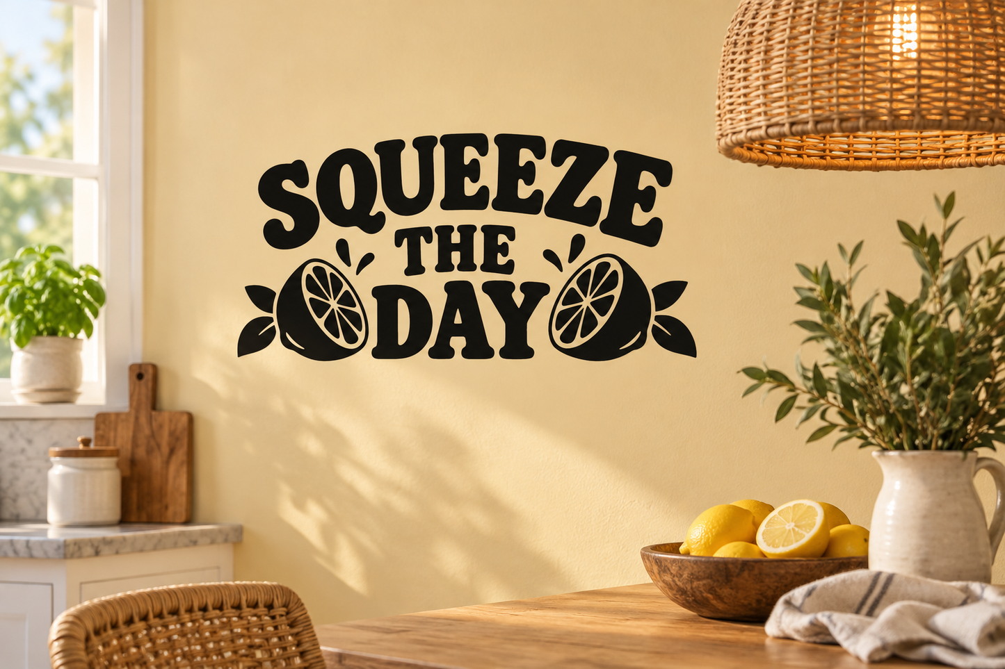 Black vinyl wall decal reading 'SQUEEZE THE DAY' with lemon slice graphics