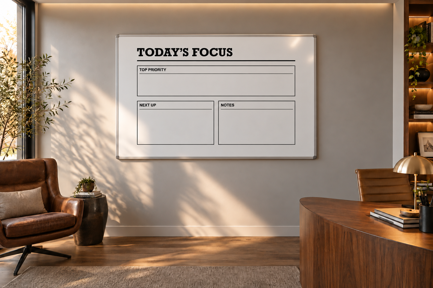 Dry-erase planning overlay with "Today's Focus" and four labeled writing boxes