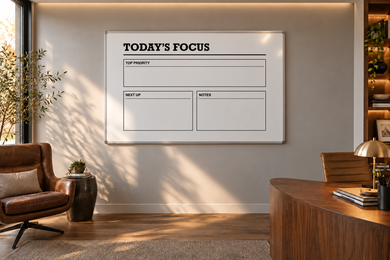 Dry-erase planning overlay with "Today's Focus" and four labeled writing boxes