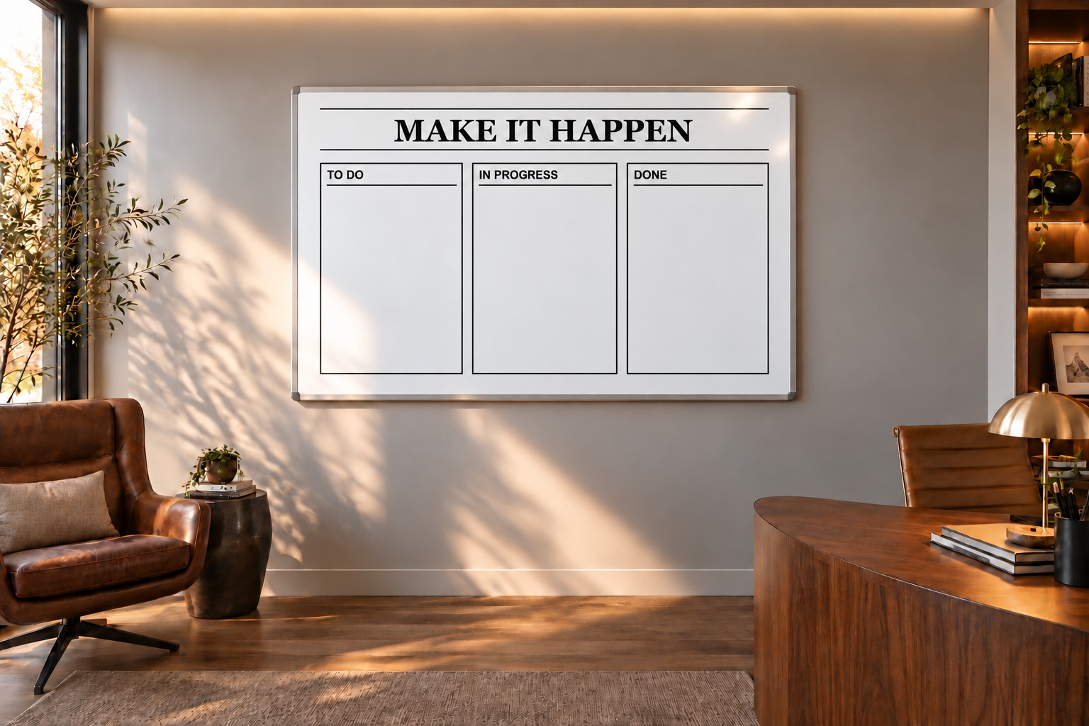 Three-stage task board whiteboard overlay: To Do, In Progress, Done with 'MAKE IT HAPPEN'