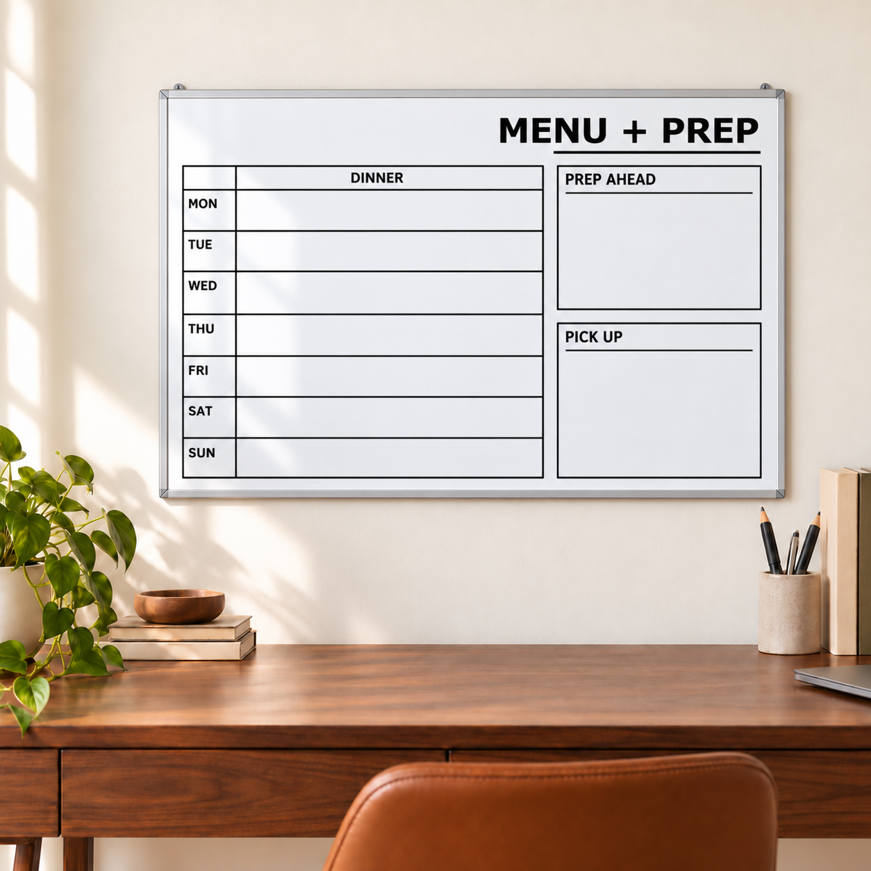 Dry-erase menu and prep whiteboard planning overlay with days grid and section boxes