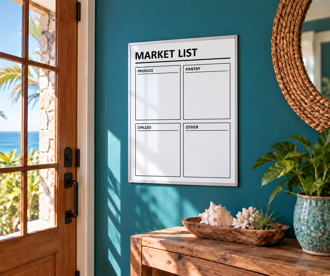 Wall-mounted whiteboard planning overlay with four labeled market list sections