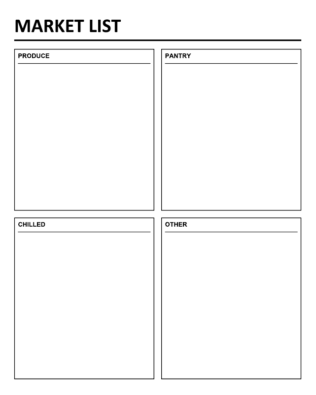Market list dry-erase whiteboard with four blank boxes: Produce, Pantry, Chilled, Other