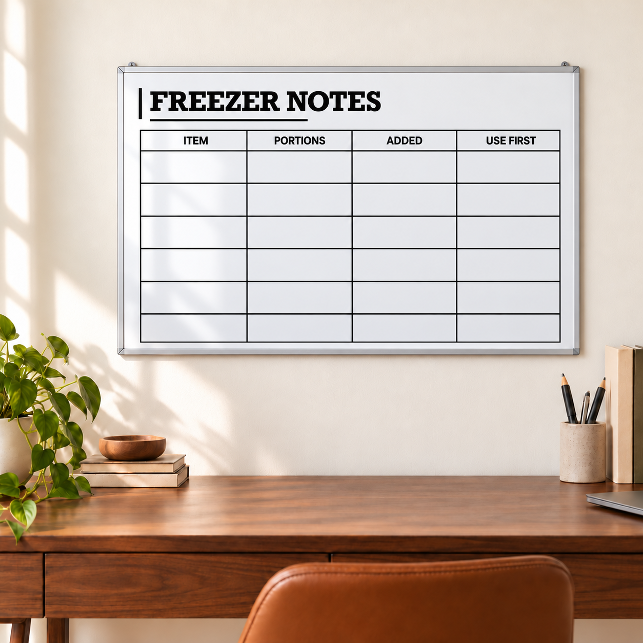 Freezer notes whiteboard overlay with grid for item, portions, added, and use-first